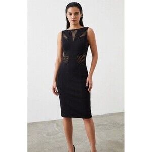 Karen Millen Dress Black LBD Mesh Fishnet Sleeveless Pencil Sheath US 4 UK 8